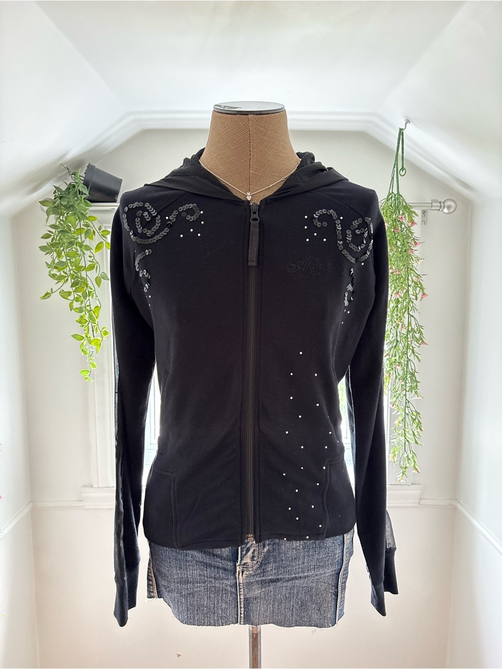 Akademiks Black Hooded Zip Jacket with Sequin Swirl Details